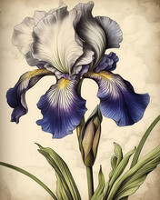 Victorian Watercolor Botanical Drawing Of A Light Blue Iris. Antique Worn And Faded White Background.