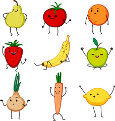 Wall Mural - fruit vegetable character set cartoon. cute face, tomato banana, healthy cucumber fruit vegetable character sign. isolated symbol vector illustration