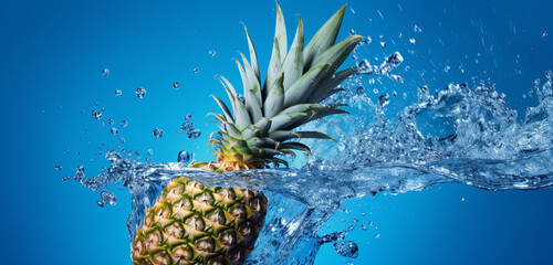 An exquisite HD photograph of a juicy pineapple making a beautiful splash in a pristine blue environment, with the fruit standing out vividly against an unobtrusive, isolated background.