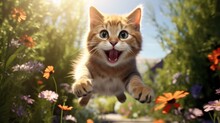 Cute Cat Jumping In A Summer Meadow Towards The Camera, Happy, Joy, 3d Rendering