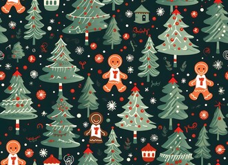 Poster - Christmas trees and gingerbread as abstract background, wallpaper, banner, texture design with pattern - vector. Dark colors.