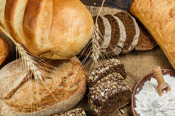 Fresh loaves of bread, various breads for toasts and sandwiches, delicious crispy breads, gluten-free breads, fresh flour and wheat breads