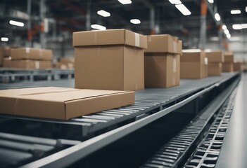 Conveyor belt in a distribution warehouse with row of cardboard box packages for e-commerce delivery