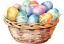 Easter eggs in basket watercolour illustration created with Generative AI technology