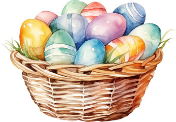 Easter eggs in basket watercolour illustration created with Generative AI technology