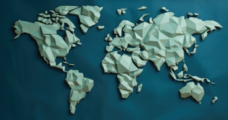 world map made of origami paper on blue background. generative ai.