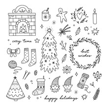 Christmas Clipart. Hand Drawn Vector Winter Doodles. Holiday Illustrations. Christmas Doodles Set