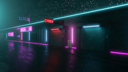 Wall Mural - Futuristic night street in industrial style with fog and neon lights in 3D illustration