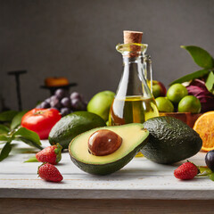 Wall Mural - avocado on table with other fruits and bottle of oil