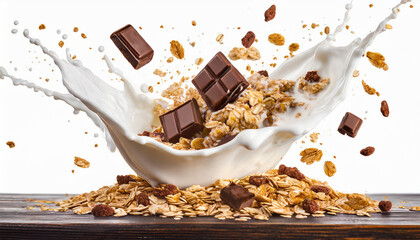 Wall Mural - Falling oat granola with milk splash and chocolate isolated on white background