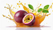 Red passion fruit with passionfruit juice splash isolated on white background.