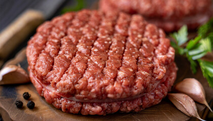 Wall Mural - Raw meat hamburgers, ground beef patties.