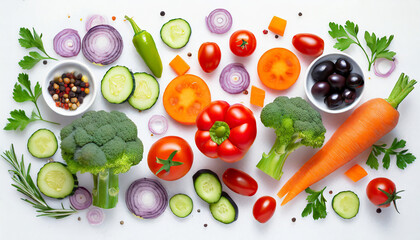 Wall Mural - Vegetables, flat lay, top view, isolated on white background. Creative layout made of healthy food ingredients, fresh tomatoes, broccoli, olives, carrot, pepper, onion and zucchini slices