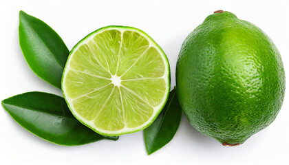 Wall Mural - Whole and half sliced green lime with leaves isolated on white background. Top view. Flat lay.