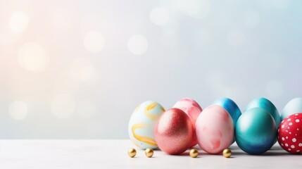 Colored eggs on a light background with space for text. Easter holiday.