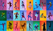 © master1305 - Collage of different young athletic people training, doing diversity kind of sports over multicolored background in neon light. Concept of professional sport, competition, championship, action