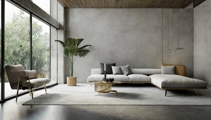 Wall Mural - modern interior design of living room with empty concrete wall background 3d rendering 3d illustration