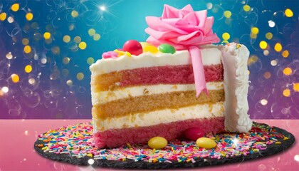 Poster - delicious slice of birthday cake on a background