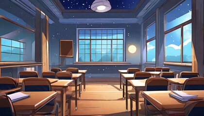 Poster - classroom midnight 2d anime background illustration