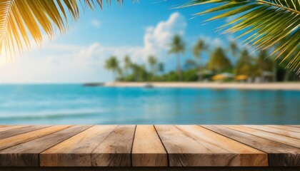 Wall Mural - empty wood table over blue sea beach and palm leaves background in summer day background with copy space for product display