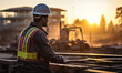 Construction site at sunrise with a silhouetted worker wearing a safety helmet and reflective vest overseeing progress