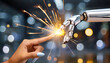 The human finger delicately touches the finger of a robot's metallic finger, sparks ignite between fingers. Concept of harmonious coexistence of humans and AI technology