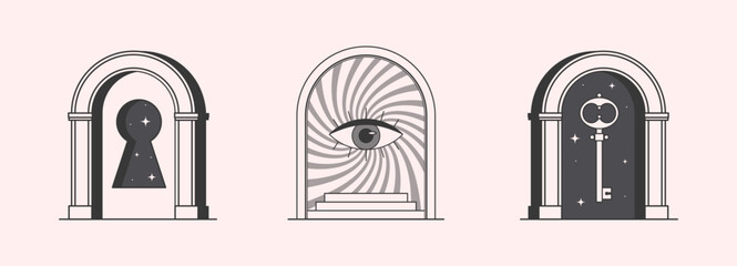 Wall Mural - Vector mystic logo design templates with portals,steps,keyhole,key and eye.Surreal abstract illustrations in trendy minimal outline style.Enlightenment emblems.Branding design templates.