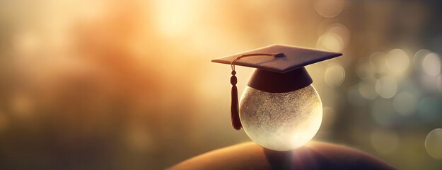 Wall Mural - Graduation Cap in Golden Evening Light. Glowing globe against a soft-focused golden backdrop, symbolizing the enlightening journey of education.