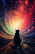 black cat glinting with rainbow energy in a psyadelic space
