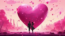 Romantic Illustration. A Couple In Love In A Magical Romantic Wonderland With Pink Clouds And A Big Heart In The Sky. Valentine's Day, Wedding, Greeting Card