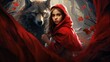 Young woman in red cloak with mystical wolf in enchanted forest. Fantasy and storytelling.
