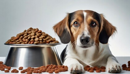 Wall Mural - a dog lying next to the bowl with dog dry food on white background kibble formula looking to the camera and begging for food pet food advertising image created using artificial intelligence