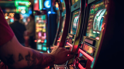 A person playing a slot machine in a casino