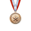 © Jira - Bronze medal with Red Ribbon and Star: A close-up shot of a bronze medal with a red ribbon, featuring a star in the center surrounded by laurel wreaths, isolated on transparent background, cut out
