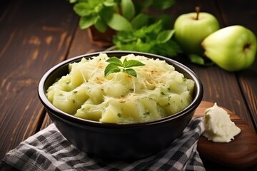 Canvas Print - A bowl of chayote gratin on wooden table, copy space. Homemade baked vegetarian food