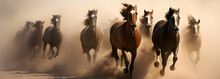 A Herd Of Arabian Horses Running Beyond A Sand Storm