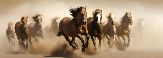 A herd of Arabian horses galloping beyond a sand storm