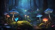 In a magical glen with bioluminescent mushrooms, fireflies, and ancient stones, a butterfly and a caterpillar Generative AI