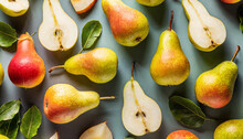 Colorful Pattern Of Fresh Ripe Whole And Sliced Pears