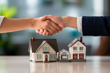 Buyer and seller shaking hands on top of model home, real estate concept