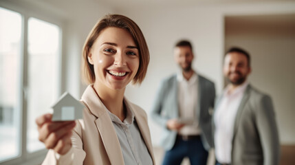 Real estate agent hold gift box house shaped, blurred clients on background