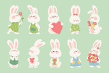 Fototapeta Pokój dzieciecy - Collection of cute rabbits in love. Cartoon characters of happy bunnies couples with gifts, hearts, flowers. Kawaii hares for Valentine's Day card, sticker, banner, package design. Vector illustration