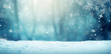 Fototapeta Las - Beautiful winter background image of frosted spruce branches and small drifts of pure snow with bokeh Christmas lights and copy space for text.