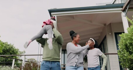 Wall Mural - Happy, home and a black family in a garden with love for real estate, property or together. Smile, playing and African parents with care for kids on the lawn of a new house, celebration and relax