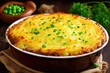 Hachis Parmentier Top View: French-style Shepherd's Pie with Mashed Potato Topping, Cooked Minced Beef, Vegetables, and Green Peas