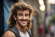 Happy Mullet Man Outdoors. Smiling Portrait of a Stylish Coiffure Man with Iconic Mullet Haircut and Happy Face