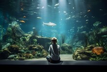 A Small Child Sits While Observing Fish In A Large Aquarium