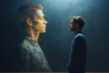 Wall Mural - The man opposite the AI. Modern technologies, The concept of confrontation between humanity and artificial intelligence. a man looks at a virtual entity