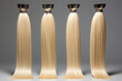 assortment of blonde hair for hair extension procedure on background. types of materials, color and quality for the presentation of the service.