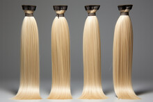 Assortment Of Blonde Hair For Hair Extension Procedure On Background. Types Of Materials, Color And Quality For The Presentation Of The Service.